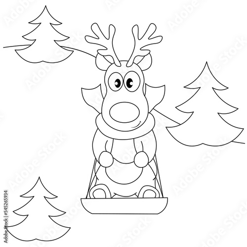 Coloring book for children. Cute deer on a sled
