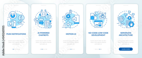 Web industry transformation blue onboarding mobile app screen. Walkthrough 5 steps editable graphic instructions with linear concepts. UI, UX, GUI template. Myriad Pro-Bold, Regular fonts used