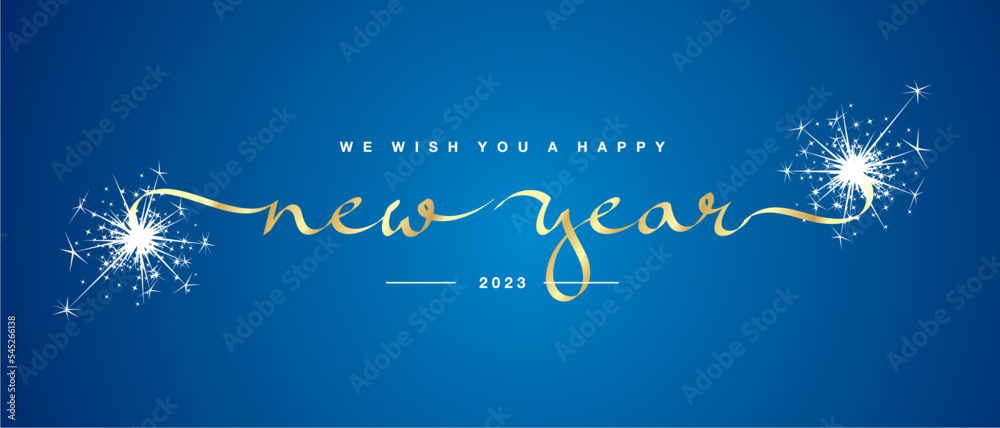 We wish you a Happy New Year 2023 new line unique modern ribbon calligraphic text with sparkler firework gold blue color background