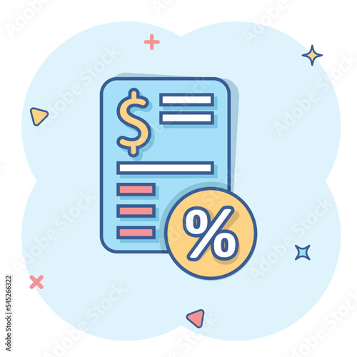 Tax payment icon in comic style. Budget invoice cartoon vector illustration on white isolated background. Calculate document splash effect business concept.