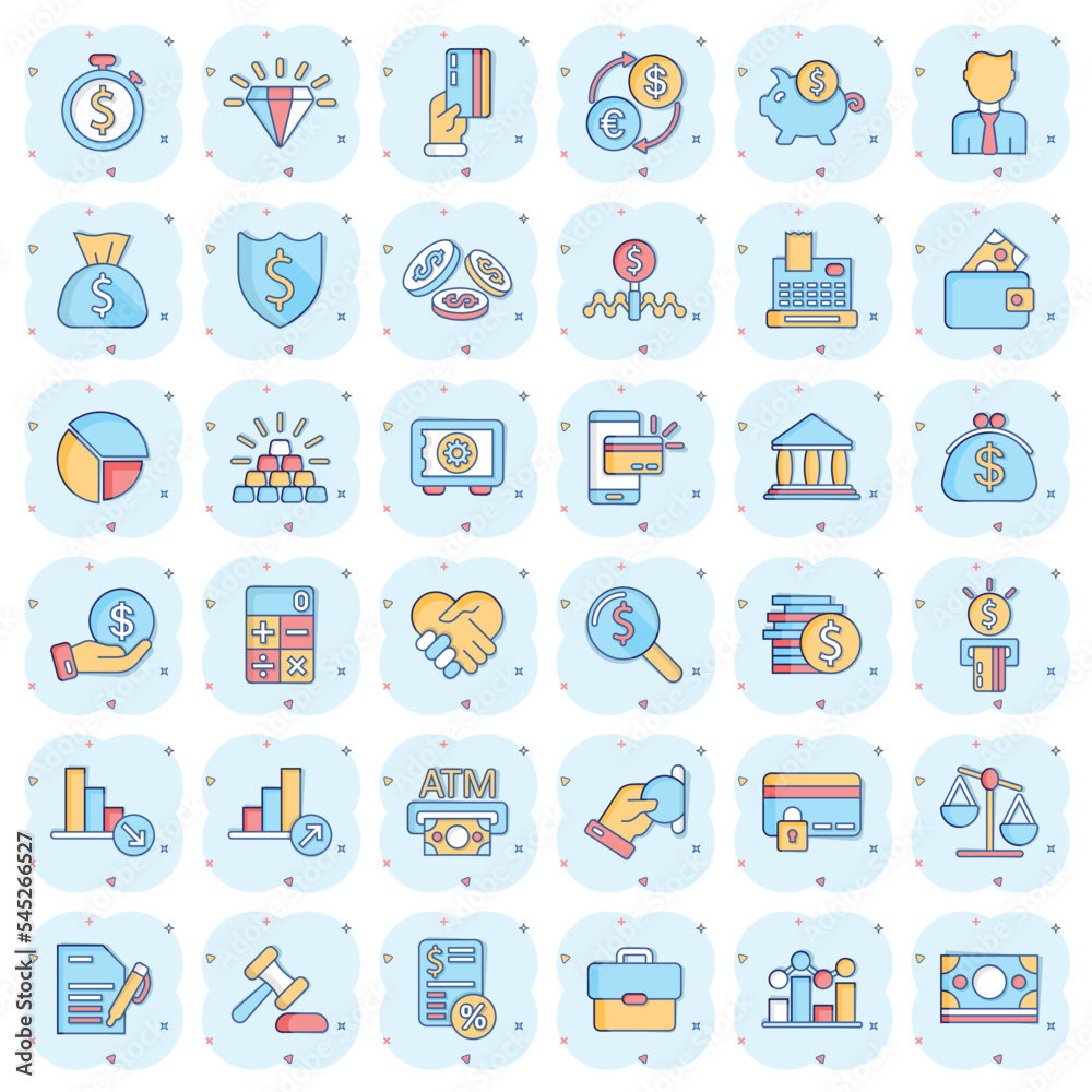 Business icon set in comic style. Finance investment cartoon vector illustration on white isolated background. Financial currency splash effect business concept. Business icon set in comic style. Finance investment cartoon vector illustration on white isolated background. Financial currency splash effect business concept.