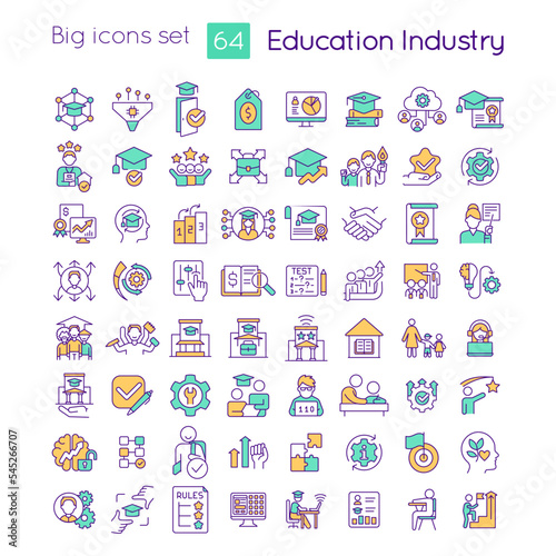 Education industry RGB color icons set. Specific knowledge. Learning process. Isolated vector illustrations. Simple filled line drawings collection. Editable stroke. Quicksand-Light font used © bsd studio