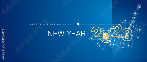 Merry Christmas and Happy New Year 2023 gold clock firework midnight countdown celebrations blue background greeting card