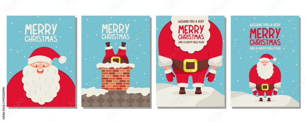 Set of Christmas cards. Happy New Year and Merry Christmas greetings cute Santa Claus