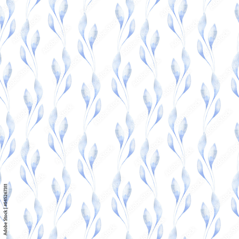 Watercolor pattern with delicate blue leaves, twigs with leaves, botanical illustration