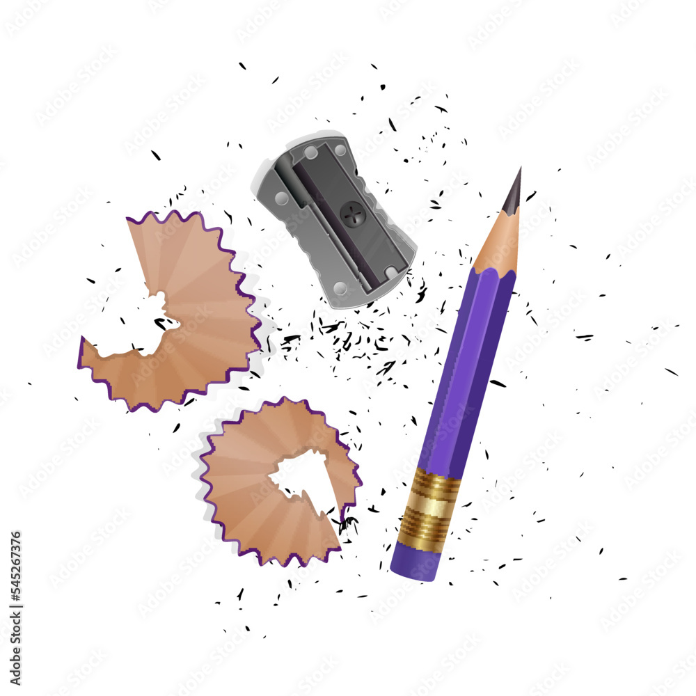 Realistic style pencil a sharpener, pencil shavings and a graphite ...