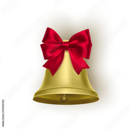 Golden metal bell with red bow isolated on a white background, Christmas symbol, school bell, vintage bell. 3D effect. Vector illustration