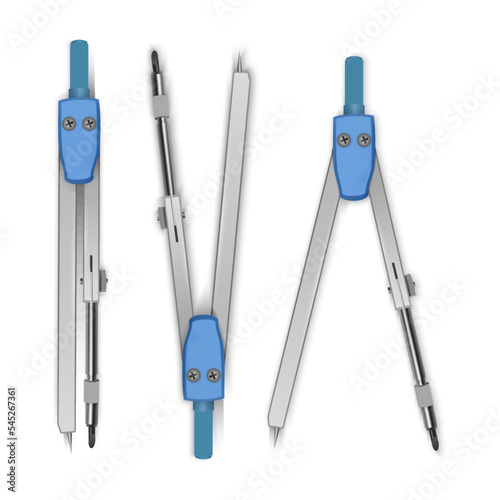 Set of Drawing compasses for draftsmanship, Geometric measuring tool, for teaching descriptive geometry and drawing of circles and roundings for draftsmen. Vector illustration