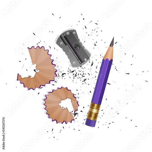 Realistic style pencil a sharpener, pencil shavings and a graphite isolated on white background. Vector illustrations