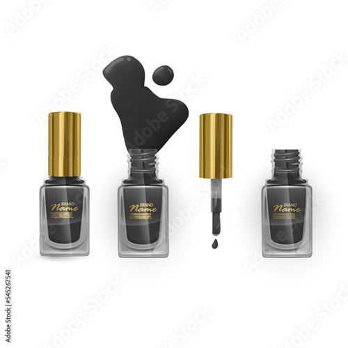 Black nail Polish with gold cap on transparent background. vector illustration