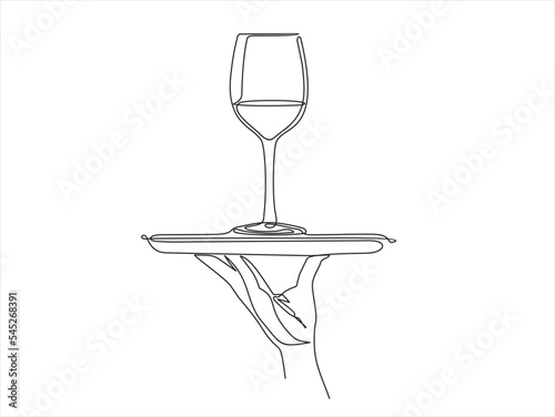 Continuous line vector illustration of hand holding dish with glass with wine drawn from the hand a picture of the silhouette. Line art. 