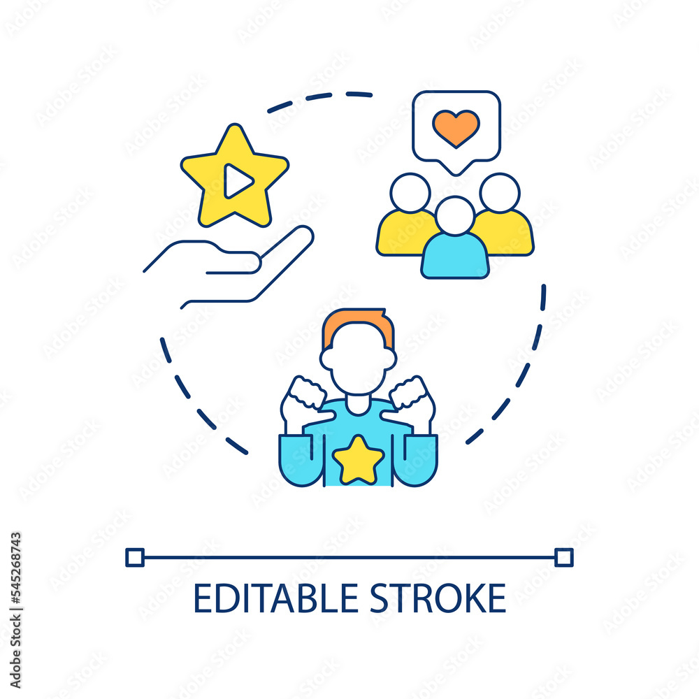 Personal brand development concept icon. Online streaming career. Become full time streamer abstract idea thin line illustration. Isolated outline drawing. Editable stroke. Arial font used