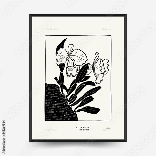 Abstract floral posters template. Modern Botanical trendy black style. Vintage flowers. Ink wall art.