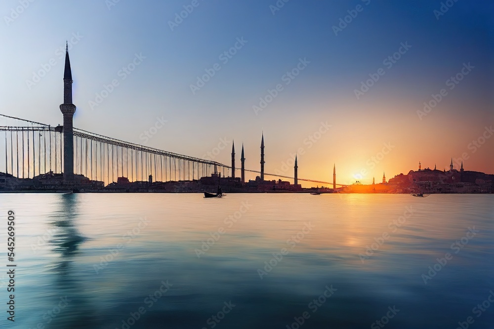 Naklejka premium Ortakoy cami famous and popular landmark in Istanbul, Turkey. Lovely spring scenery with fishing boat at foreground and old historical mosque Ortakoy and Istanbul Bosporus bridge at background.