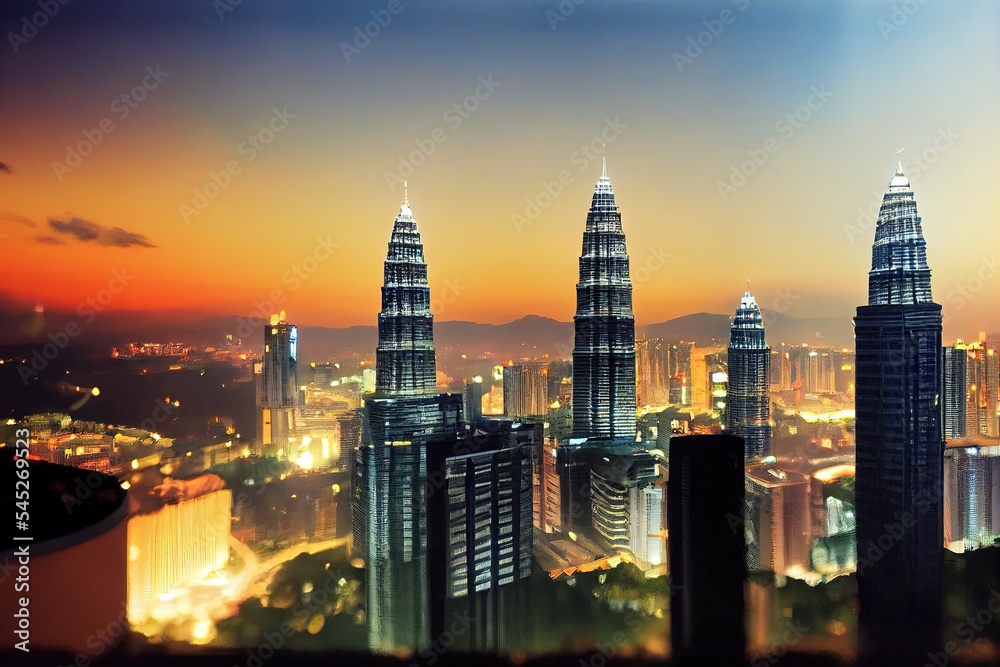 Open space balcony with Kuala Lumpur cityscape skyline view . Night scene .