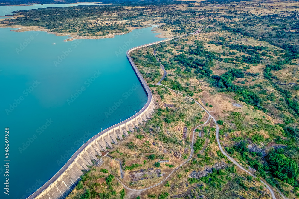 Bird's eye view of line to Almendra Dam in Salamanca, Spain.