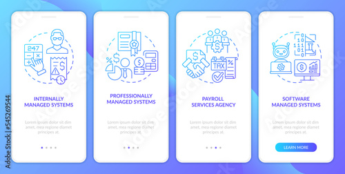 Types of payroll systems blue gradient onboarding mobile app screen. Salary walkthrough 4 steps graphic instructions with linear concepts. UI, UX, GUI template. Myriad Pro-Bold, Regular fonts used