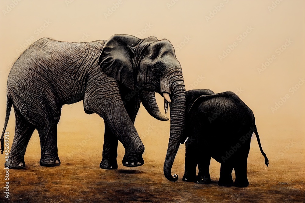 Mother and baby elephant walk together