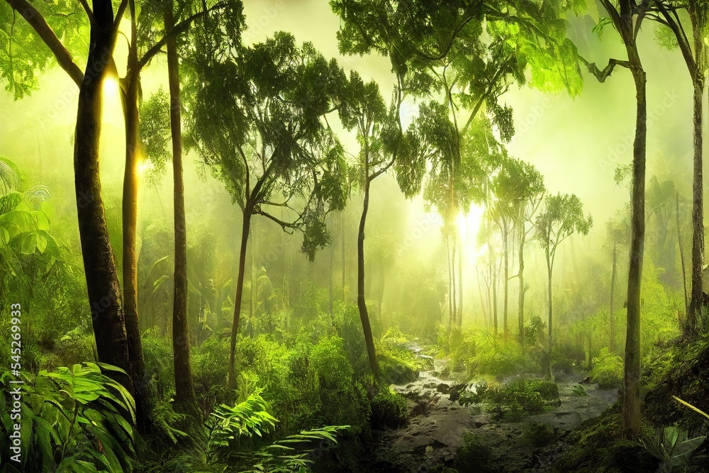 Obraz premium panorama banner background of tropical forest landscape scene for using in concept of environmental ecology and sustainable energy or Earth day, wild wood scenic using for wallpaper of spa and tourism