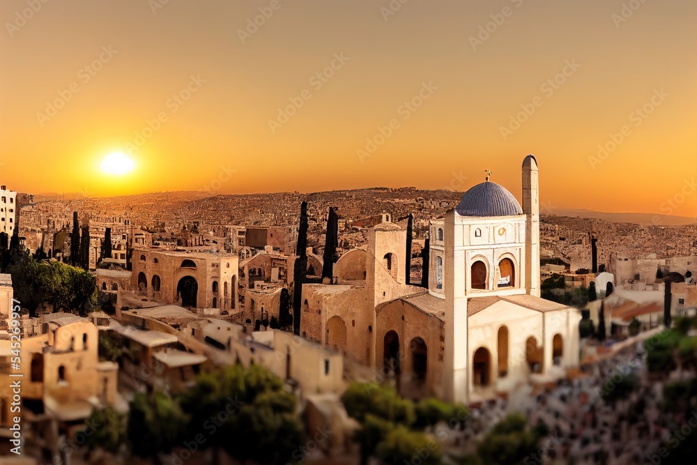 Fototapeta premium Panorama of Nazareth with Basilica of Annunciation Israel at sunset