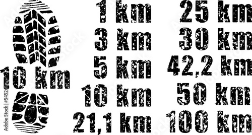 Vector image ink grunge sport footprints, runner, running, kilometres phrase