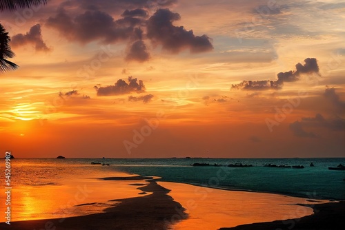 Panoramic image of a phantastic sunset at the beach, Koh Lanta Island, Thailand photo
