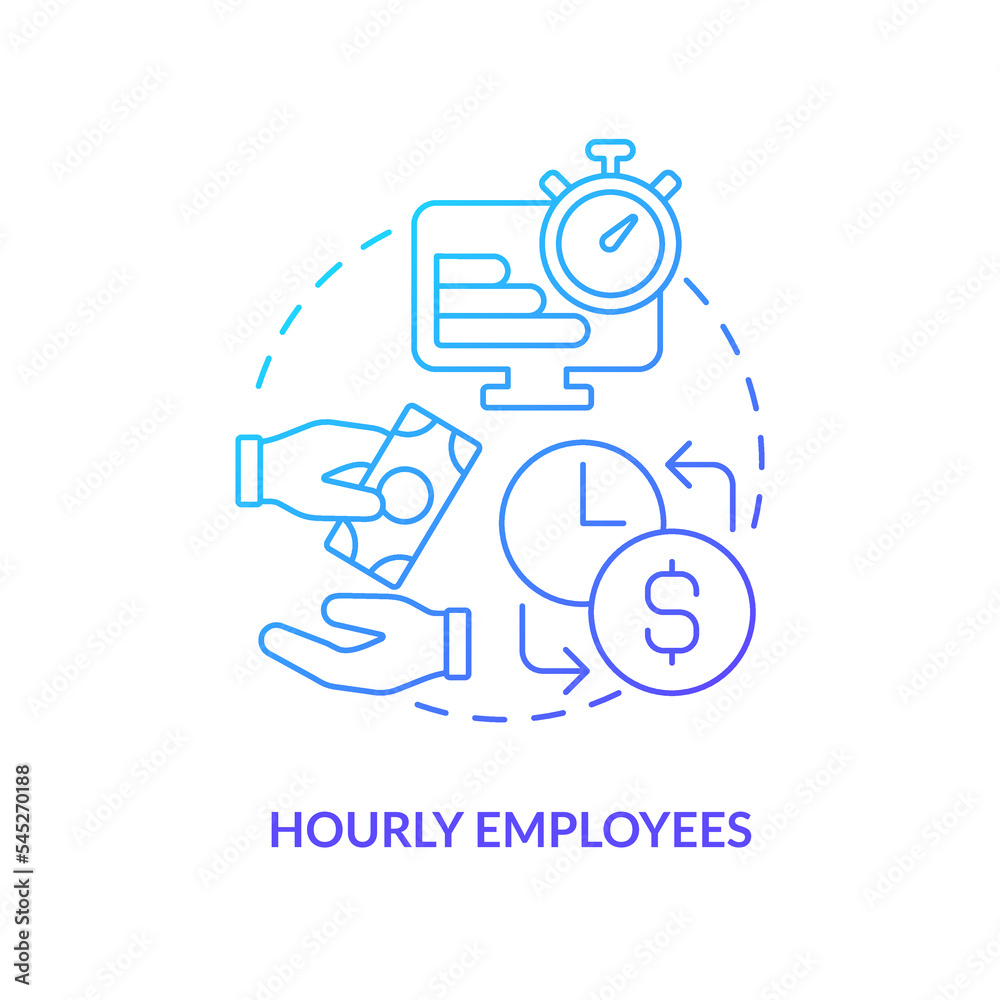 Hourly employees blue gradient concept icon. Worker salary type. Payroll processing method abstract idea thin line illustration. Isolated outline drawing. Myriad Pro-Bold font used Hourly employees blue gradient concept icon. Worker salary type. Payroll processing method abstract idea thin line illustration. Isolated outline drawing. Myriad Pro-Bold font used