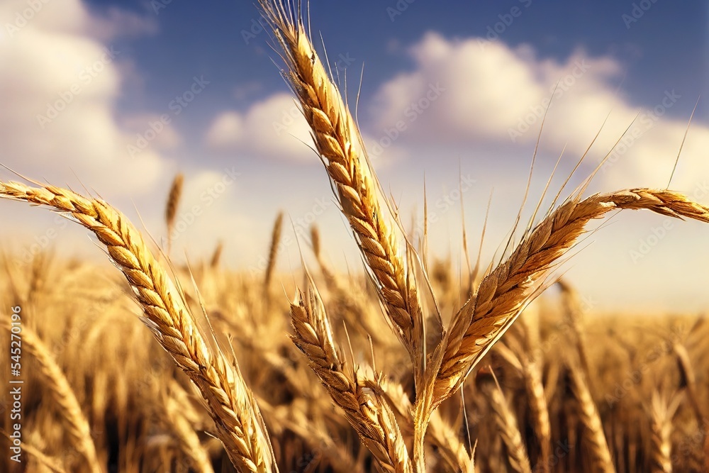 Ripe spikelets of ripe wheat. Closeup spikelets on a wheat field against a blue sky and white clouds. Ripe spikelets of ripe wheat. Closeup spikelets on a wheat field against a blue sky and white clouds.