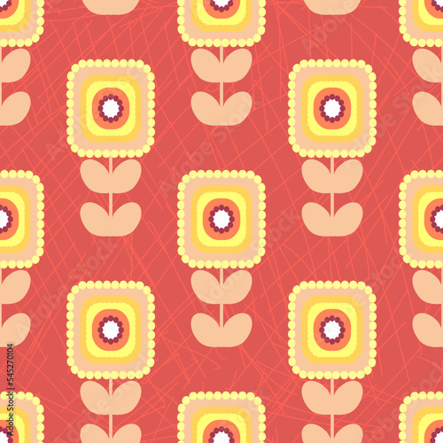 Seamless geometrical pattern in retro style. Abstract sunflowers on brown background. Trendy pattern for fabrics, textiles, dresses and designs