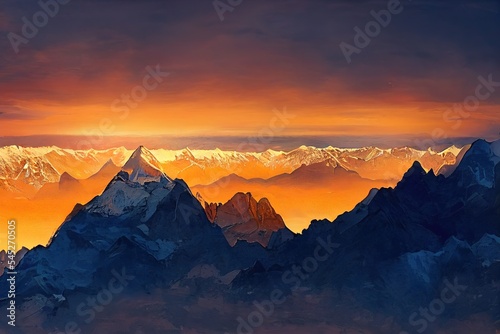sunset on Mountain Peaks panchachuli In Indian Himalaya