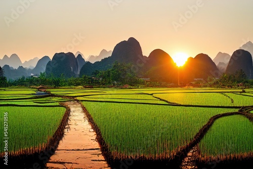 Sunset over green rice fields and mountains in Vang Vieng, Laos