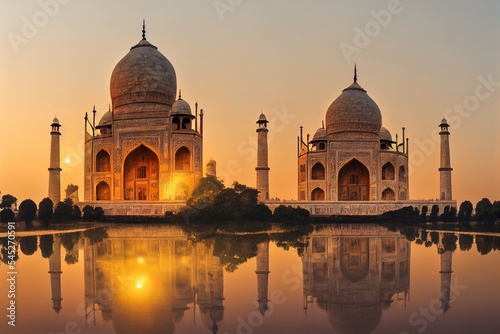 Taj Mahal sunrise panorama, indian temple view