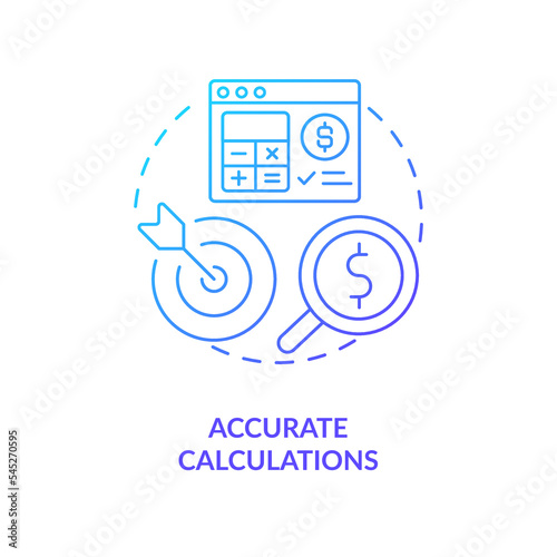 Accurate calculations blue gradient concept icon. Avoid mistakes. Payroll management software benefit abstract idea thin line illustration. Isolated outline drawing. Myriad Pro-Bold font used