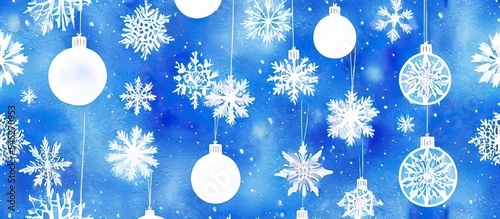 Blue and white watercolor painting Christmas background with snowflakes and ornaments
