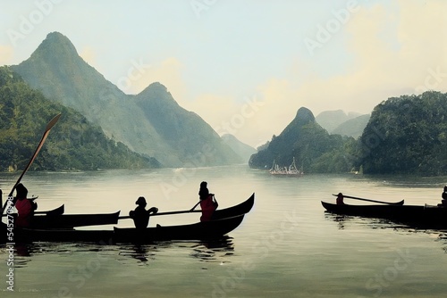 Tourists taking picture. Rower using her feet to propel oars photo