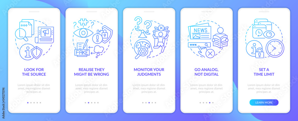 Reduce anxiety about news blue gradient onboarding mobile app screen. Walkthrough 5 steps graphic instructions with linear concepts. UI, UX, GUI template. Myriad Pro-Bold, Regular fonts used