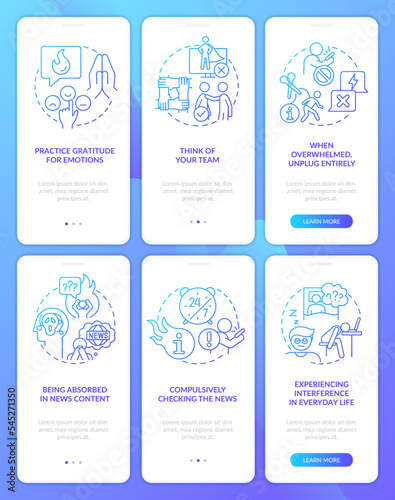 News overload blue gradient onboarding mobile app screen set. Walkthrough 3 steps graphic instructions with linear concepts. UI, UX, GUI template. Myriad Pro-Bold, Regular fonts used