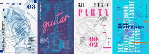 Event poster design. Guitar, trombone, trumpet, microphone. Set of vector illustrations. Typography. Vintage pencil sketch. Engraving style. Labels, cover, t-shirt print, painting.