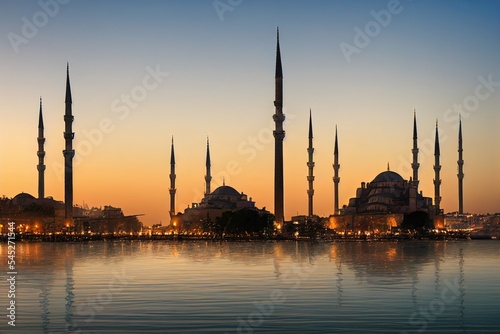 ISTANBUL, TURKEY October 6, 2015 View of the Suleymaniye Mosque and fishing boats in Eminonu, Istanbul, Turkey photo