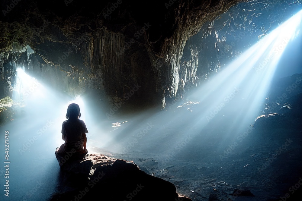 Girl stands under the rays of light in a deep cave Jomblang Cave. Java, Indonesia Girl stands under the rays of light in a deep cave Jomblang Cave. Java, Indonesia