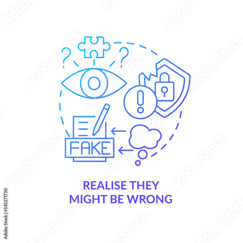 Realize news might be fake blue gradient concept icon. Content hygiene. Manage information overload abstract idea thin line illustration. Isolated outline drawing. Myriad Pro-Bold font used
