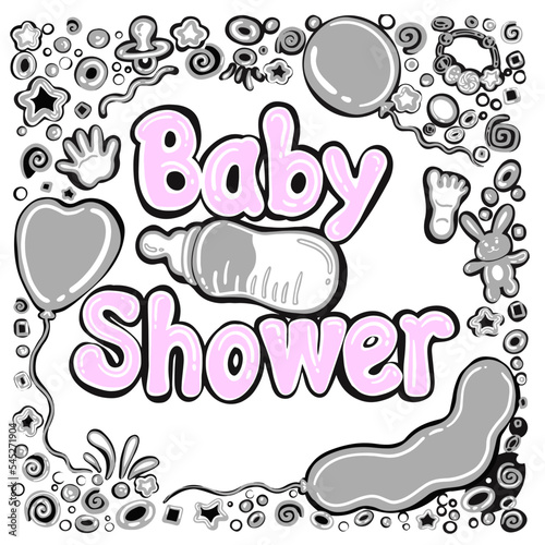Baby shower cute doodle illustration with cartoon baby footprints, handprints, bunny, helium balloons and stars on white background. Flat vector illustration