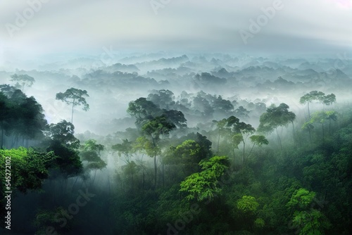 Exotic foggy forest. Jungle panorama, forest oasis. Foggy dark forest. Natural forest landscape. 3D illustration. © MUNUGet Ewa