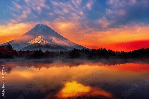 Colorful Autumn Season and Mountain Fuji with morning fog and red leaves at lake Kawaguchiko is one of the best places in Japan © MUNUGet Ewa