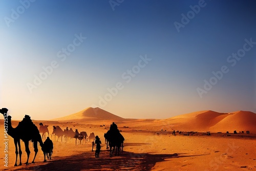 Camel caravan going through the desert.Taj Mahal during sunset
