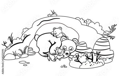 Black and white vector illustration of bear family hibernating in their cave. 
