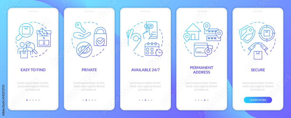 Using po boxes pros blue gradient onboarding mobile app screen. Walkthrough 5 steps graphic instructions with linear blue gradient concepts. UI, UX, GUI template. Myriad Pro-Bold, Regular fonts used