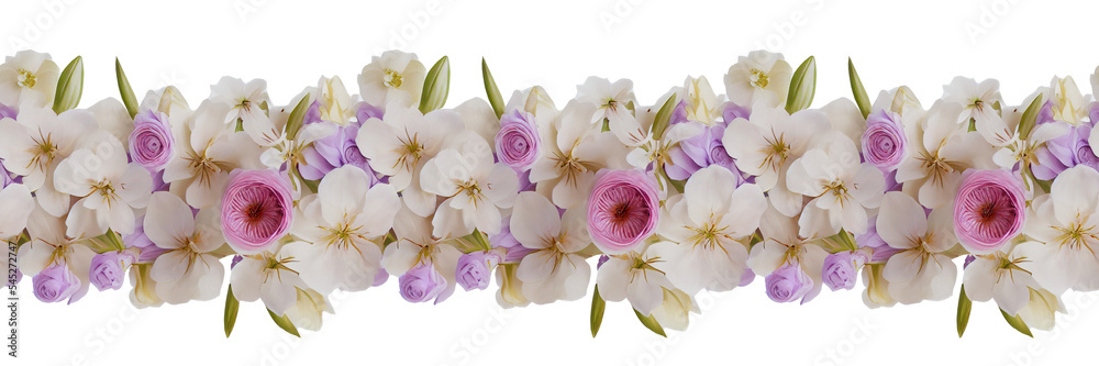 Isolated floral border. Isolated fresh flowers on transparent background. Seamless repeat pattern. Digital art Isolated floral border. Isolated fresh flowers on transparent background. Seamless repeat pattern. Digital art