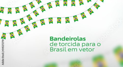 Bandeirolas ou bandeiras do Brasil no varal. Decoração em vetor para torcida da Seleção Brasileira de copa do mundo 2022 de futebol