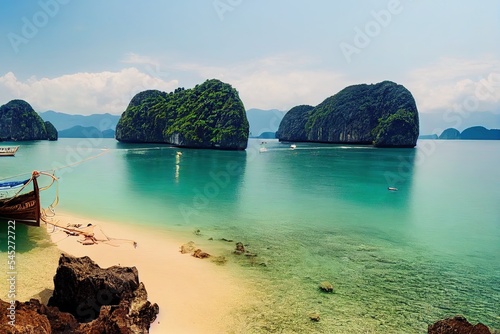 Beautiful landscape of rocks mountain and crystal clear sea with longtail boat at Phuket, Thailand. Summer, Travel, Vacation, Holiday concept.